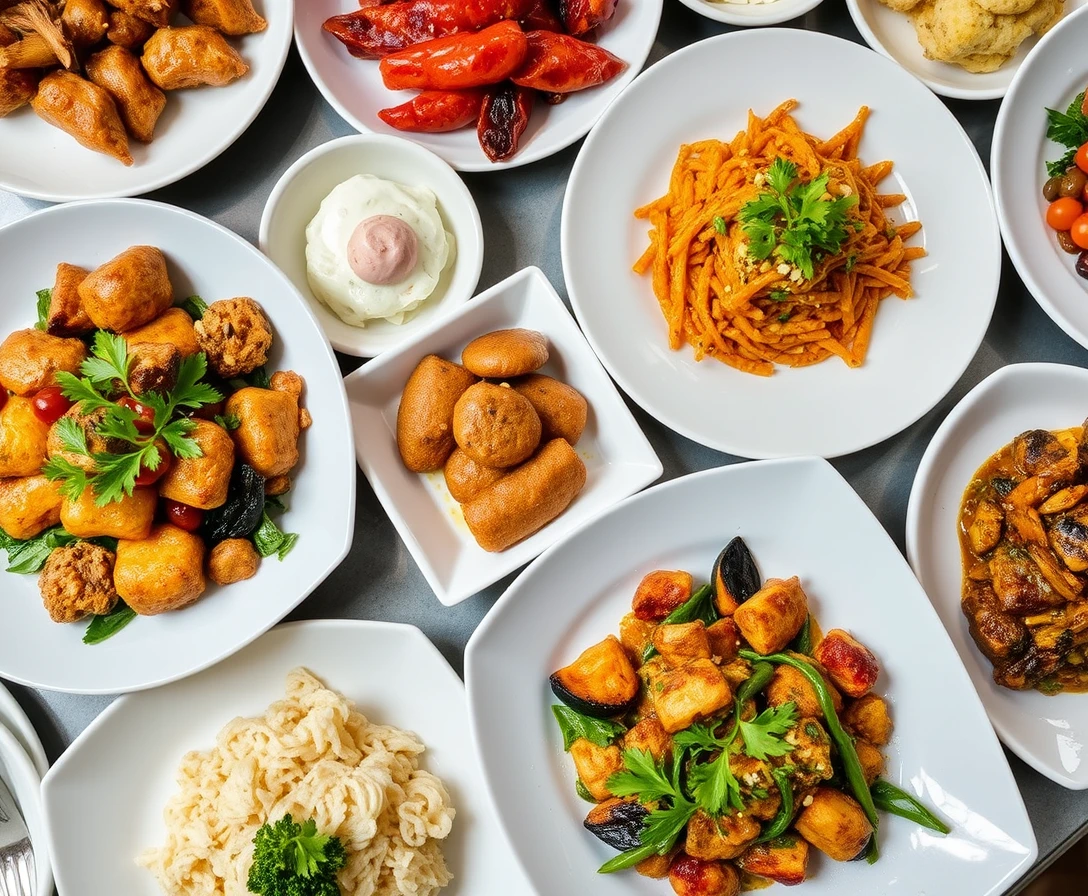 A collection of food dishes beautifully arranged, commercial food photography