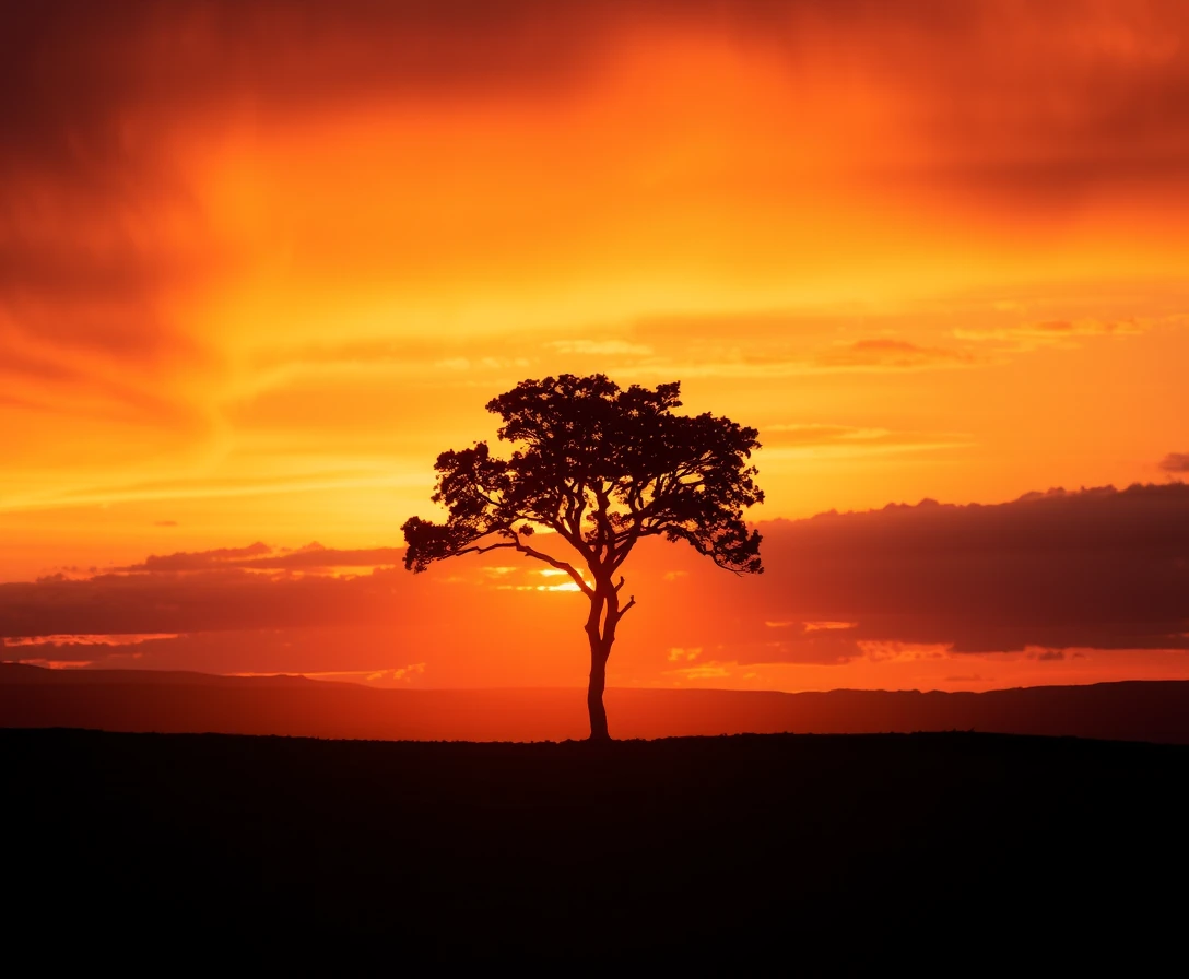 A dramatic landscape with a lone tree at sunset, nature photography